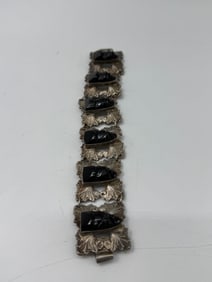 Vintage Mexican Sterling Silver Bracelet with Carved Stone Heads
