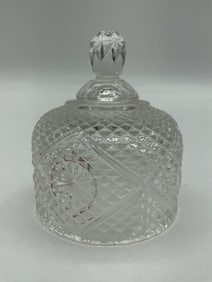 Pressed Glass Covered Dish with Diamond and Starburst Pattern