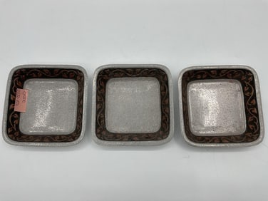 Set of Three Vintage Metal Square Plates with Heart and Vine Border