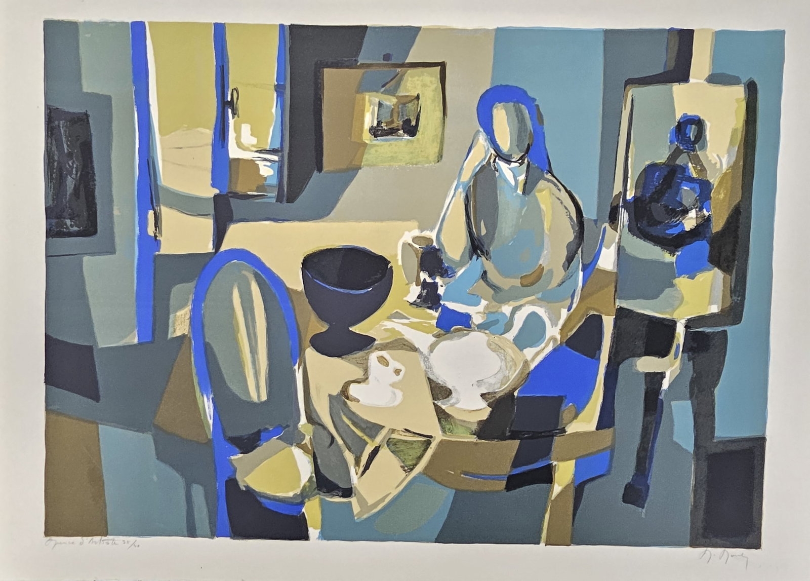 "Intérieur (Interior)" by Marcel Mouly (French, 1918-2008) Color lithograph on Arches paper: Artist: Marcel Mouly Title: Intérieur (Interior) Year: 1980 Dimensions: 18.5 x 25 in. Medium: Color lithograph on Arches paper Signature: Signed in pencil, lower
