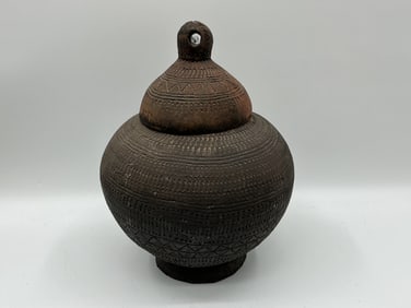 Antique Hand-Carved Tribal Pot with Lid