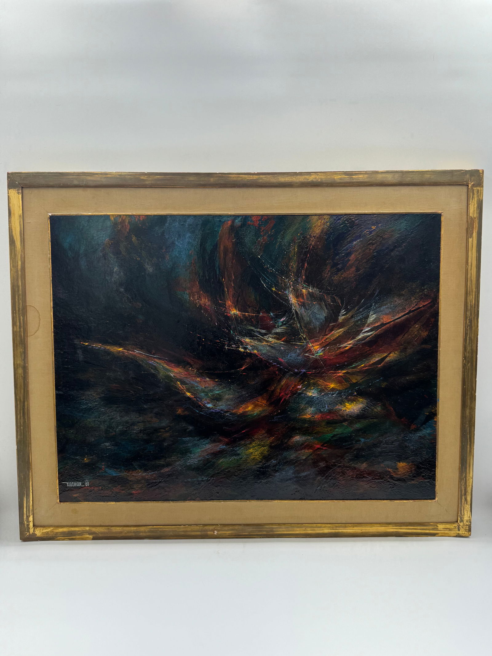 Leonardo Nierman ( Mexican, b.1932) Oil on Board: Description: Abstract expressionist painting by Jewish Mexican artist Leonardo Nierman, signed and dated 'Niermann '66'. Features dynamic brushstrokes and a dark palette with bursts of col