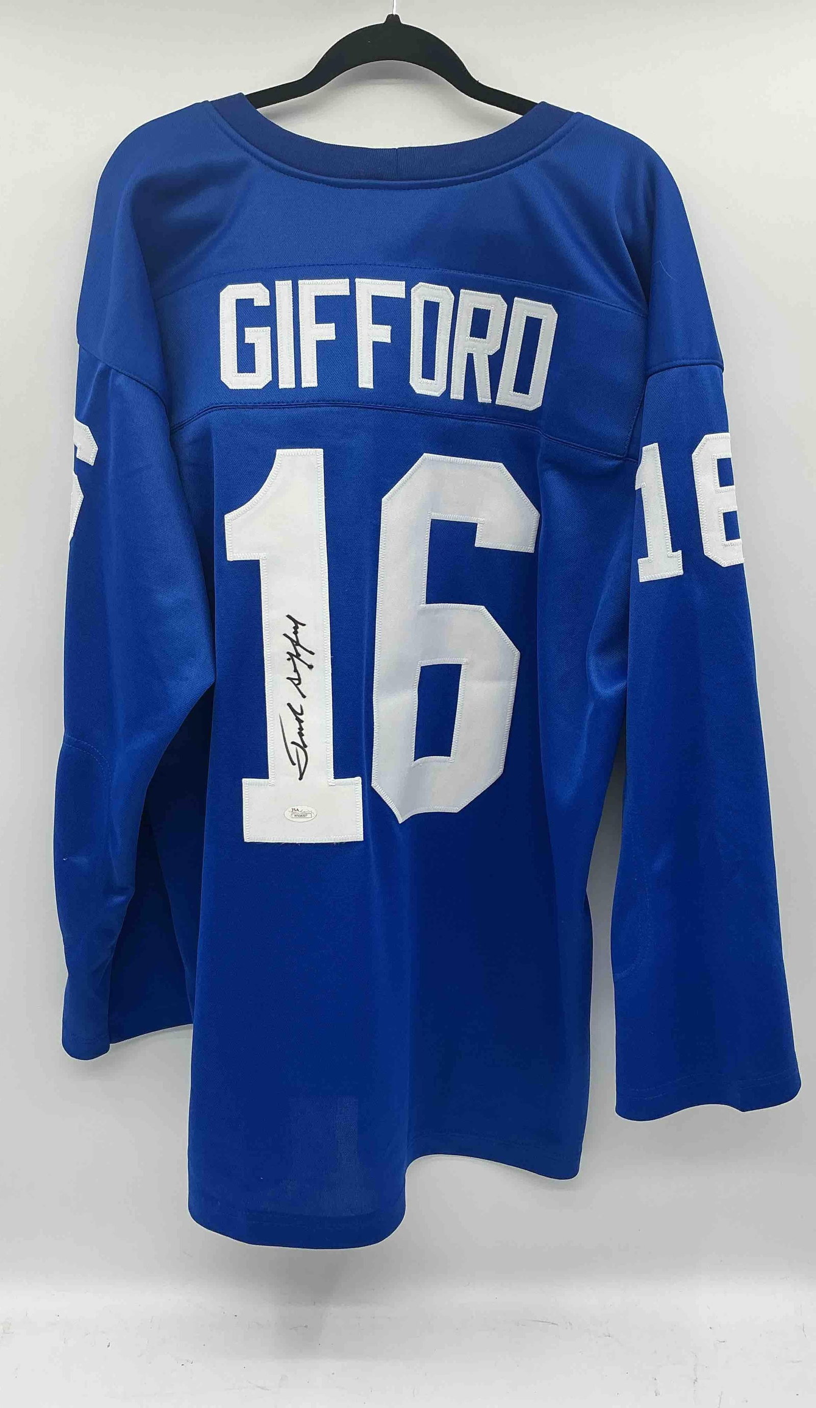 Frank Gifford Autographed New York Giants Jersey: Blue New York Giants jersey with number 16, signed by Frank GiffordMedium: Fabric with stitched lettering and ink signature
