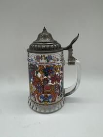 Vintage Glass Lidded Beer Stein with Colorful Folk Horse Design