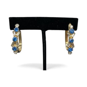 Vintage Gold-Tone Hoop Earrings with Blue and Clear Rhinestones