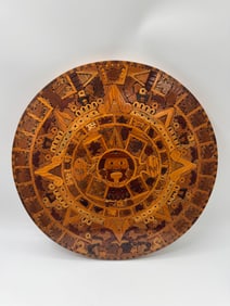 Handmade Mexican Aztec Cuauxhicalli Calendar Stone Wood Mosaic