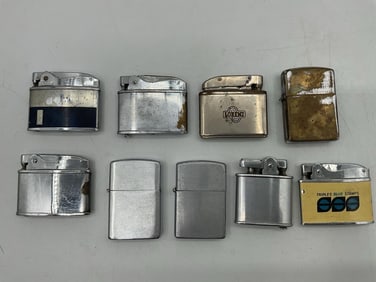 Collection of 8 Vintage WW2 Era Lighters Including Zippo and Others