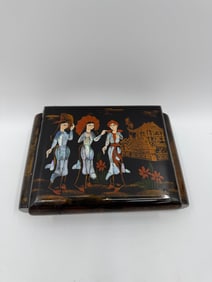Vintage Lacquered Jewelry Box with Inlaid Figures