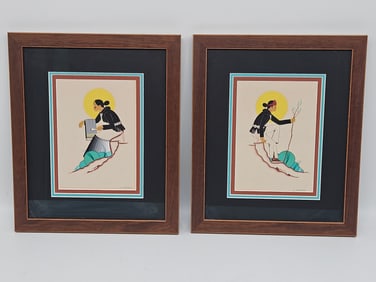 Kiowa Gouache and Watercolor Paintings – Framed Pair