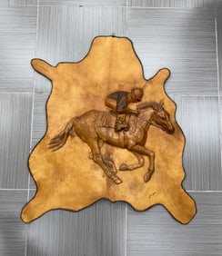 RARE Hand Carved Leather Relief Sculpture of a Horse and Jockey, Signed