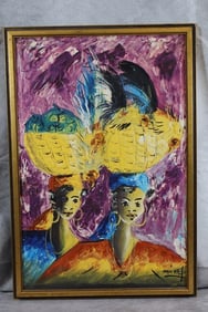 African Oil painting - Women Carrying fruit, signed Miche