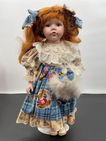 Porcelain Doll in Blue Plaid Teddy Bear Dress with Muff