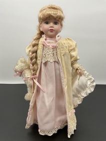 Porcelain Doll in Nightgown with Teddy Bear