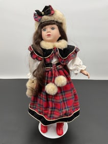 Porcelain Doll in Holiday Plaid Outfit