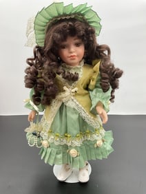 Porcelain Doll in Green Victorian Dress with Hat