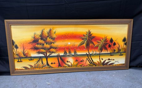 Framed Oil Painting on Canvas, Tropical Sunset Scene, Signed