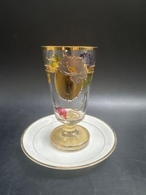Vintage Hand-Painted Glass Goblet with Gold Accents and Matching Saucer