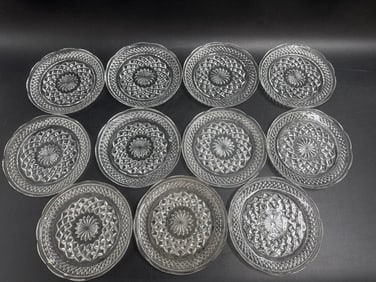 Set of 11 Vintage Pressed Glass Dessert Plates with Starburst Design