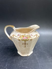 Antique French Belclair Ceramic Pitcher with Floral and Gilt Decoration