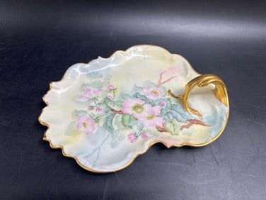 Antique Hand-Painted Porcelain Floral Dish with Gilt Handle