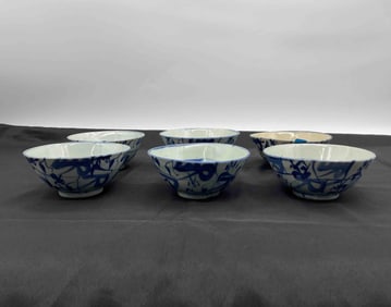 Set of Six Blue and White Porcelain Bowls