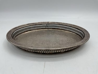 Ornate Silver-Plated Oval Serving Tray with Pierced Gallery