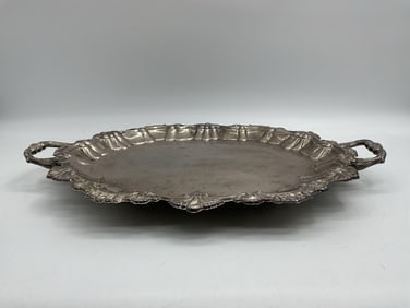 Ornate Silver-Plated Serving Tray with Handles