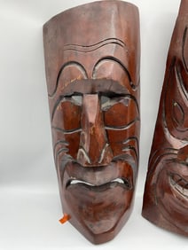 Pair of Hand-Carved Wooden Theatrical Masks