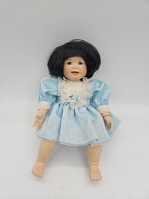Collectible Porcelain Doll in Blue Dress, 13" Tall