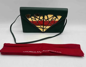 George Angelopoulos Green Leather Shoulder Bag with Gold Geometric Design