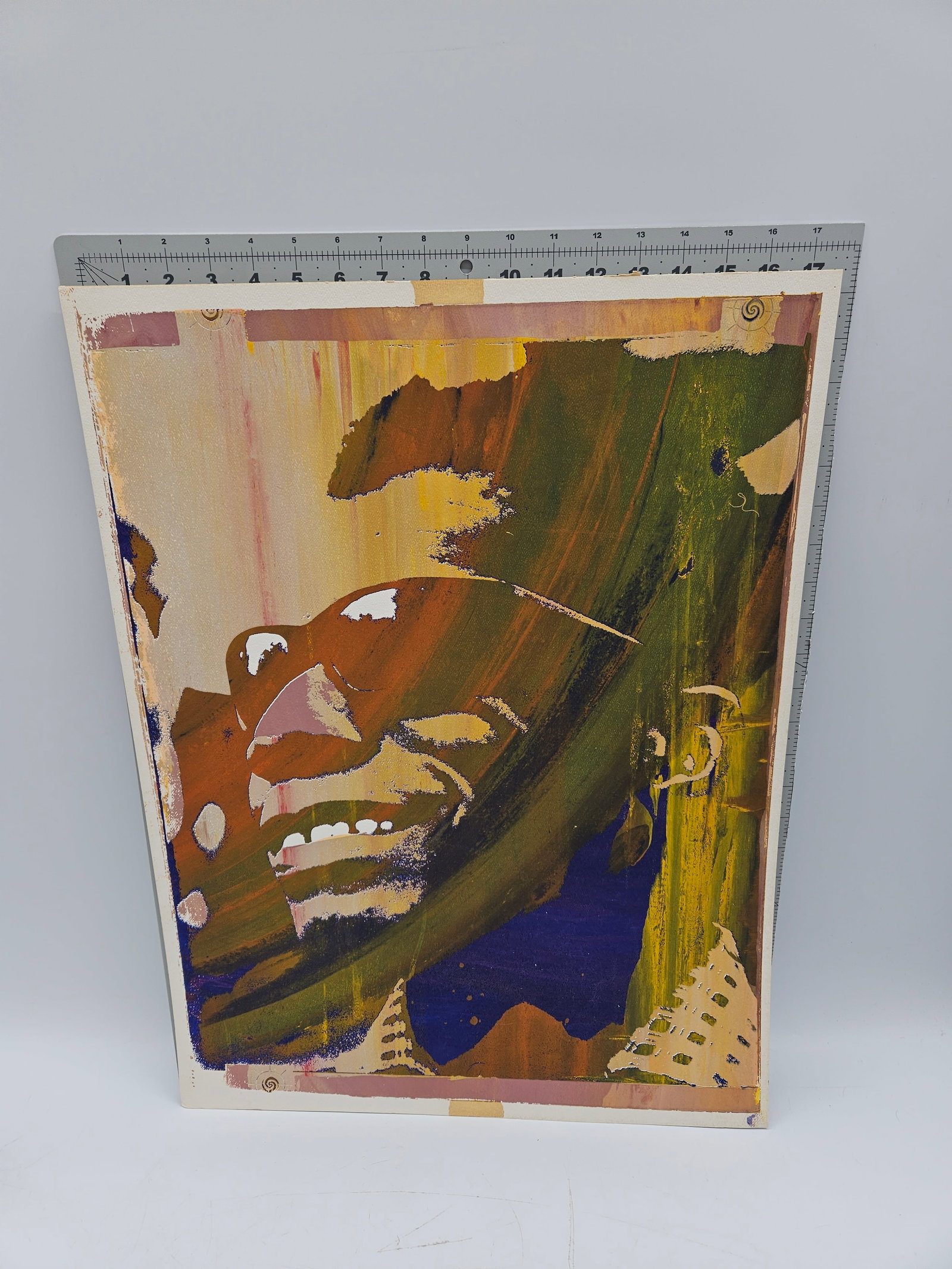 Abstract Portrait Painting: Abstract portrait painting possibly of James Baldwin featuring bold brushstrokes and a vibrant color palette. The artwork measures approximately 24 inches in height and 18 inches in length. Unframed.