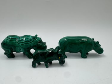 Three Malachite Animal Carvings: Hippos and Rhino