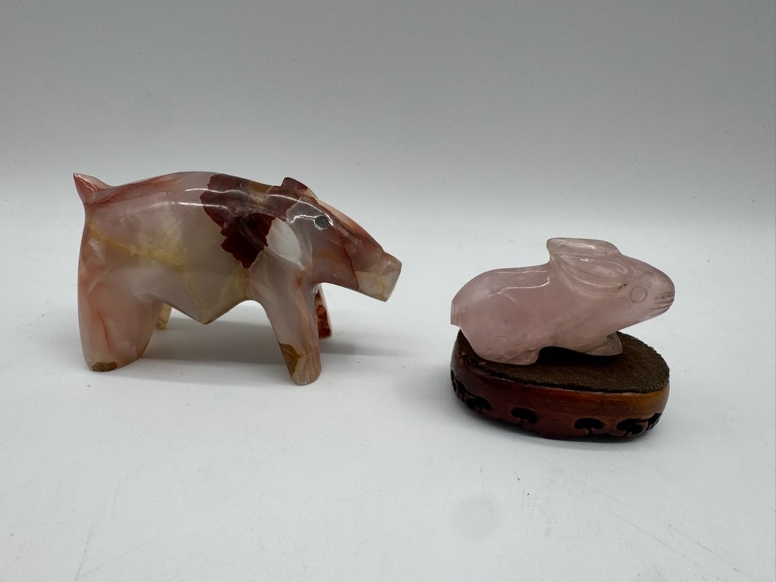 Two Carved Stone Animal Figures: Agate Rhino & Rose Quartz Rabbit (1 of 3)