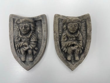 Pair of Medieval-Style Shield Wall Plaques with Seated Figures