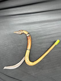 Antique Hand-Forged Sickle with Carved Wooden Handle