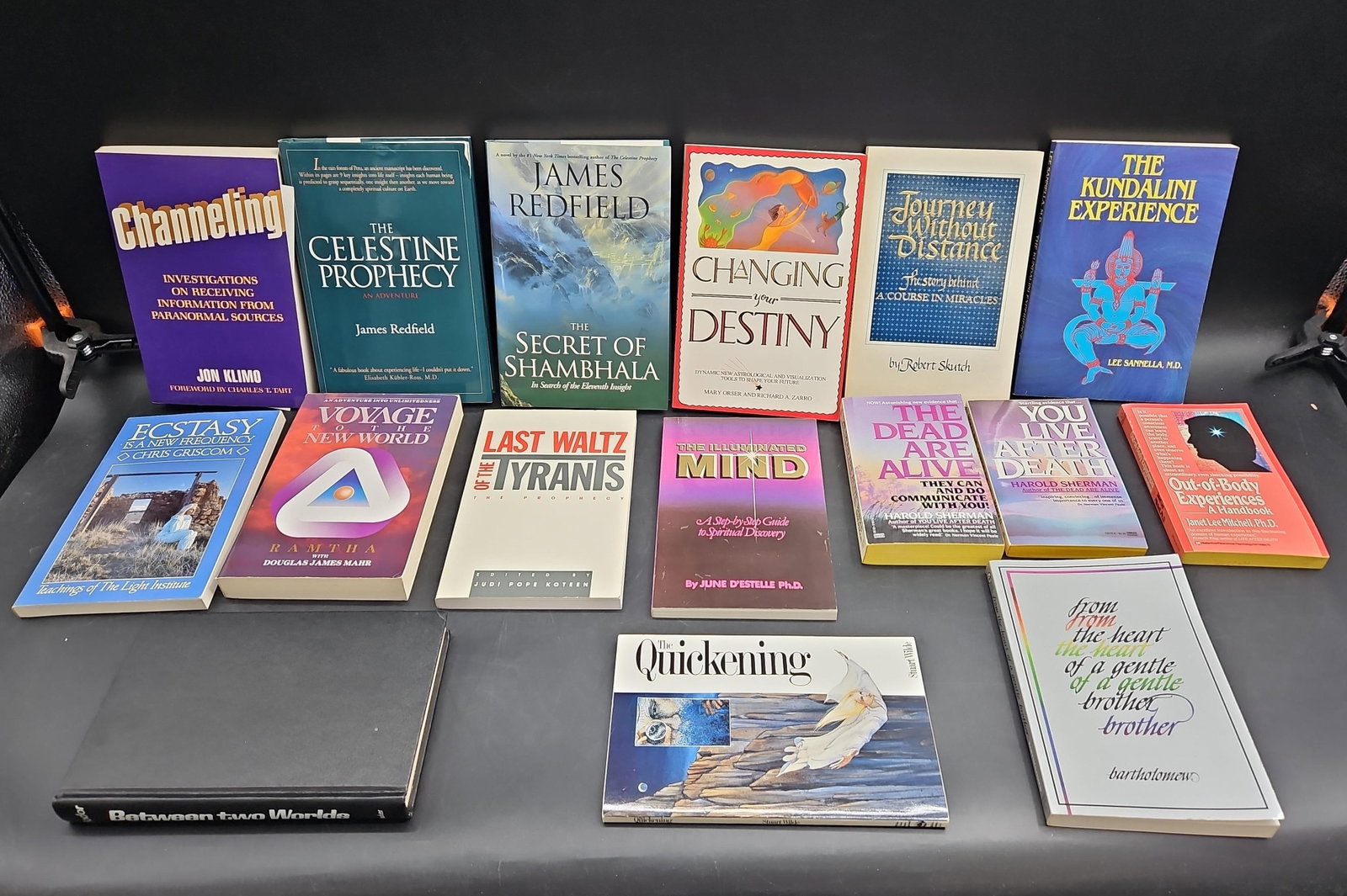 Collection of Spiritual and Metaphysical Books – Klimo, Redfield, Sherman, Mitchell, and Others: A lot of 16 books focused on spirituality, metaphysics, and paranormal exploration. Authors include Jon Klimo (Channeling), James Redfield (The Celestine Prophecy, The Secret of Shambhala