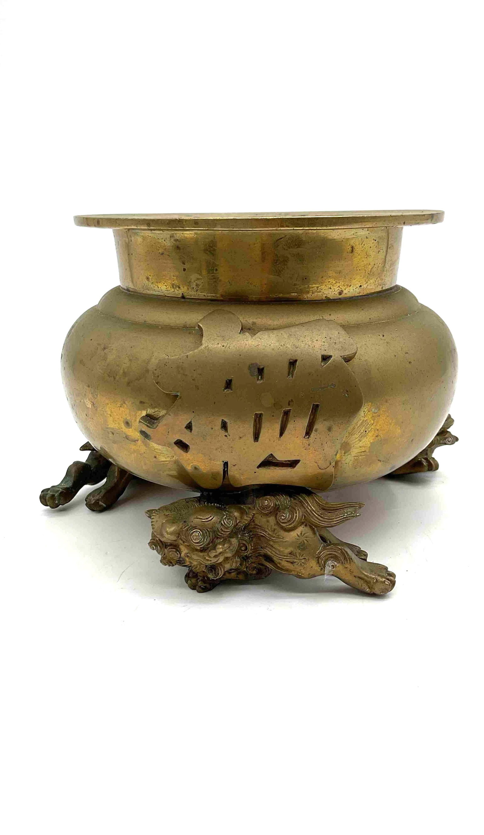 Chinese Bronze Censer with Dragon Feet: A traditional Chinese bronze censer featuring engraved calligraphy around the body and supported by detailed dragon-form feet. The vessel has a wide mouth and rounded form, commonly used for incense b