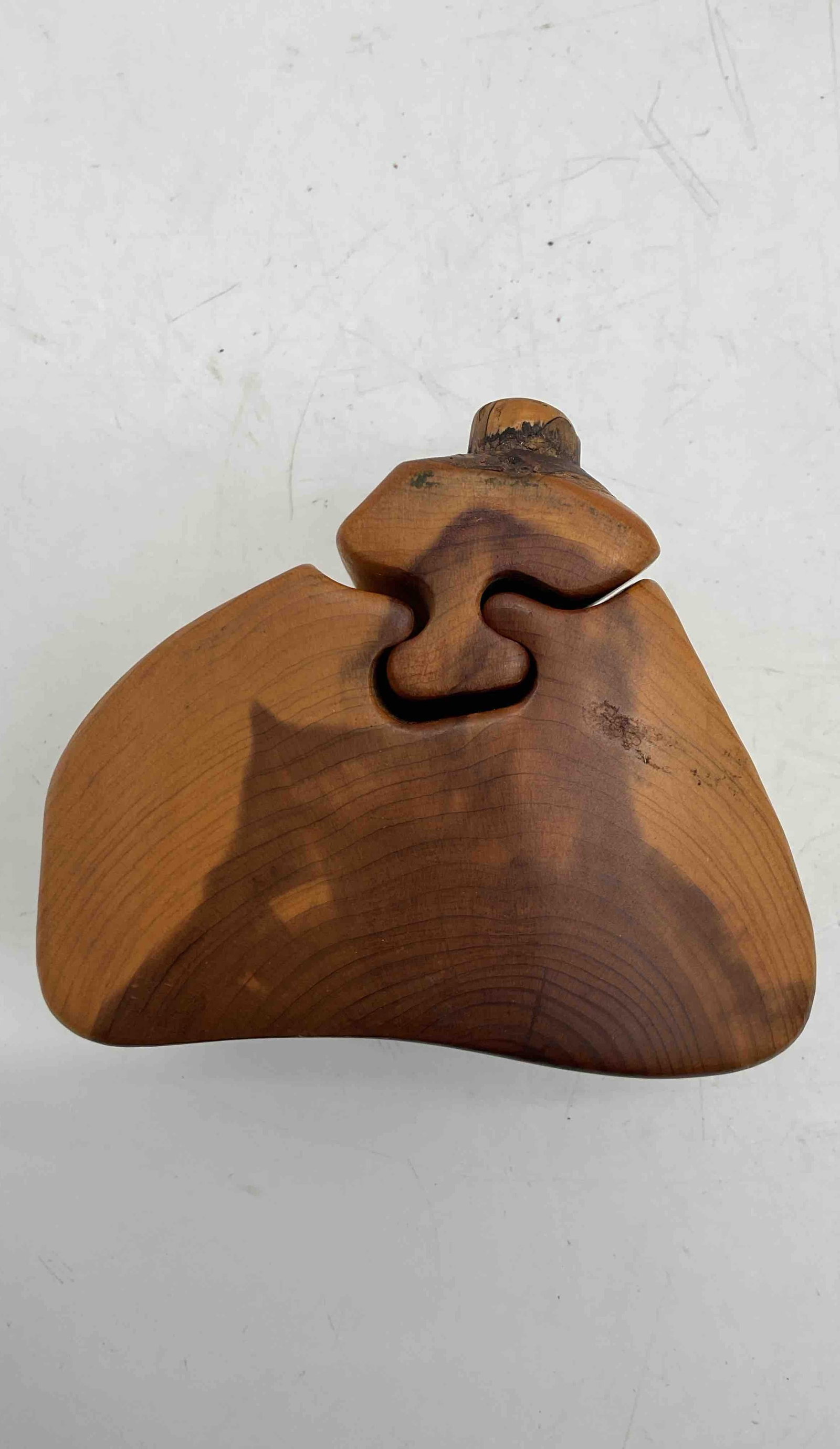 Carved Wooden Puzzle Box - Don Rupard: Unique artisan wooden puzzle box signed by Don Rupard. The box separates into multiple interlocking pieces, showcasing fine craftsmanship and natural wood grain. Collectible decorative piece and funct