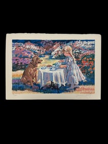 Corinne Hartley Lithograph, Girl and Dog Tea Party, Signed & Numbered
