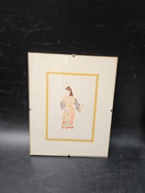 Asian Watercolor Painting of Woman in Traditional Attire