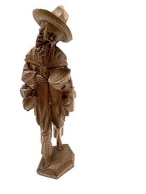 Hand-Carved Wooden Figure of a Bearded Man with Satchel