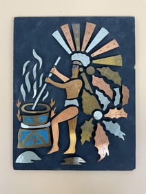 Mexican Mixed Metal Wall Plaque Depicting Aztec Figure