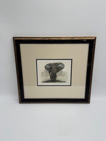 Signed Elephant Etching, Framed