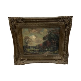 Antique English Cow Landscape Painting On Board