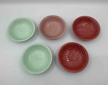 Set of 5 Textured Ceramic Bowls in Green and Pink