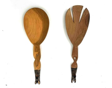 Hand-Carved Wooden Salad Servers with Zebra Motif