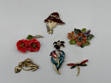 Enamel Brooches - Floral, Dragonfly, Lady in Hat - 6 Pieces