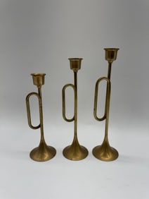 Set of Three Brass Horn Candle Holders