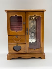 Wooden Jewelry Box with Glass Doors and Heart Detail