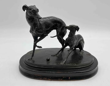 Bronze Greyhound Pair Sculpture Signed P.J. Mene